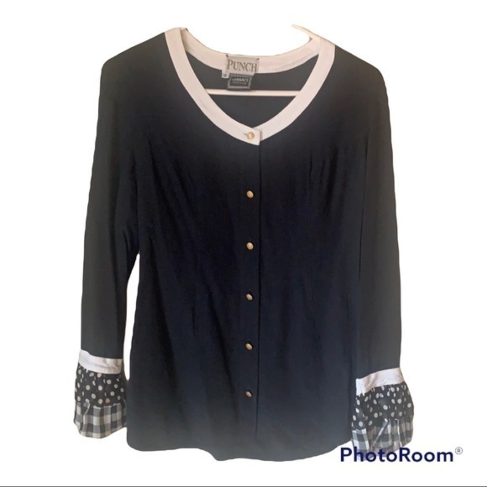 Versace Vintage Black with Polka Dot and Plaid accents Blouse - Picture 2 of 8